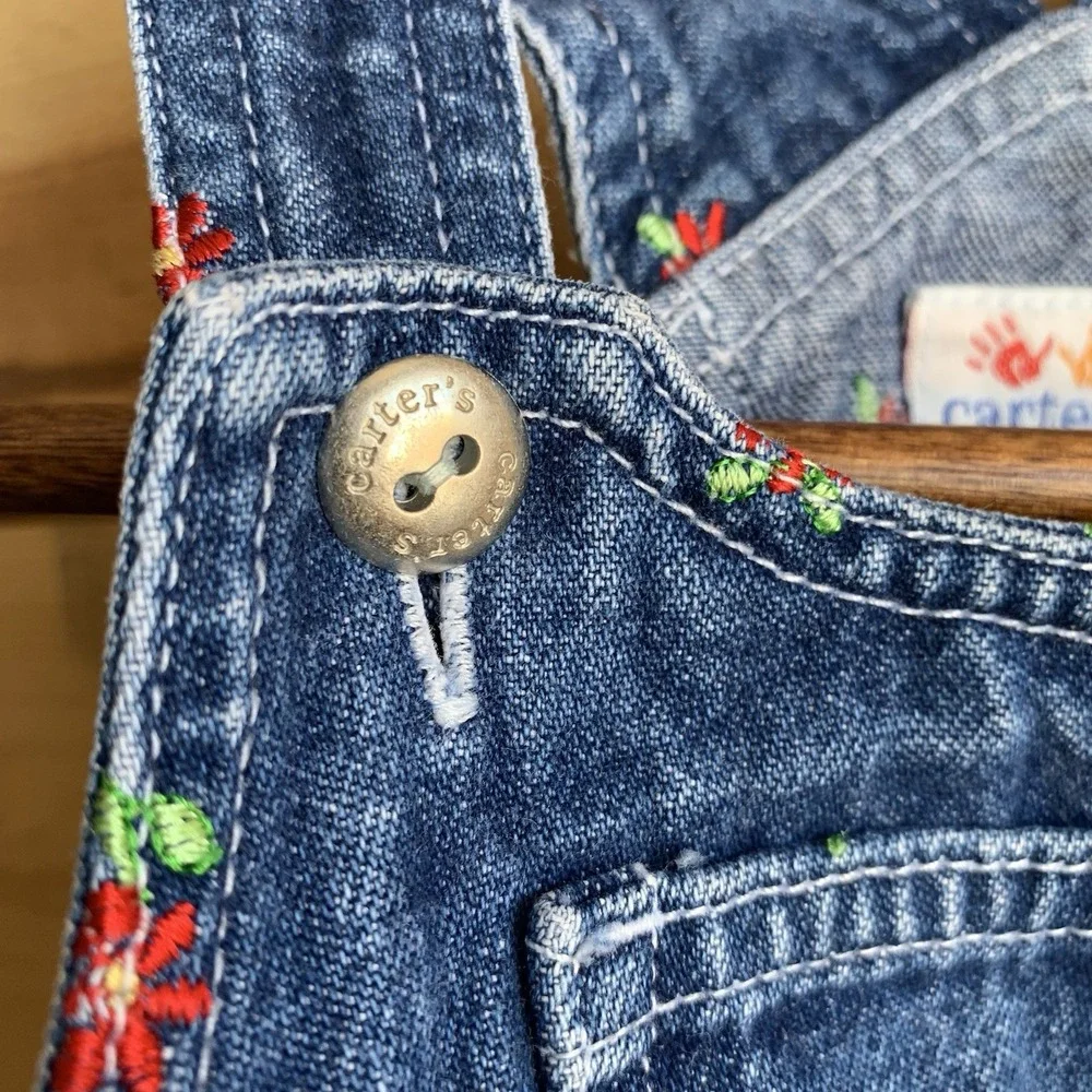 Vintage Carters 2T Daisy Bib Overalls Denim Floral Jean‎ 90's